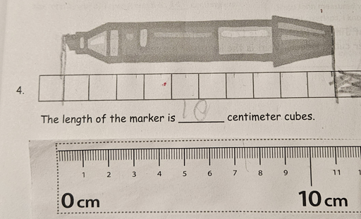 Measurement homework in which 10 centimeter cubes are >11cm long