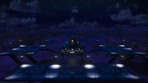 Dark image, screenshot from No Man's Sky game. Black with night, some structure is visible, landing pads in Trading post, got some lights from lamps around