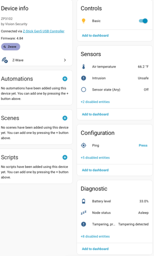 Screenshot of a PIR device that hasn't got proper device info in HA
