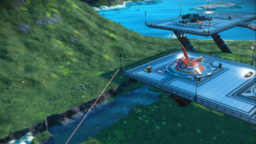 Screenshot from No Man's Sky game, visible Trade post and player fishing from it in manually dug river. Trade Post located near water.