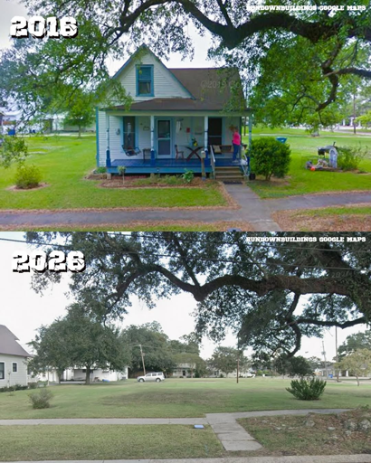 The Google Maps car captures a woman waving outside of her home. Today, her home is gone and the land sits empty...