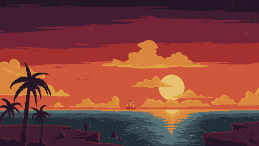 Sunset at sea. A big sun reflects on the water. A ship sails along the horizon. On a rocky island in the foreground, a man stands on the cliff edge, saluting the ship with a bottle. A small barrel sits behind him. A grave is visible in the corner.